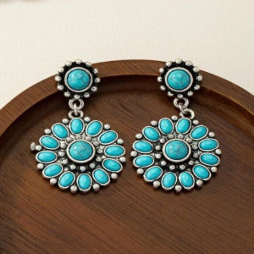 Western Style Blue Acrylic & Antique Drop Earrings